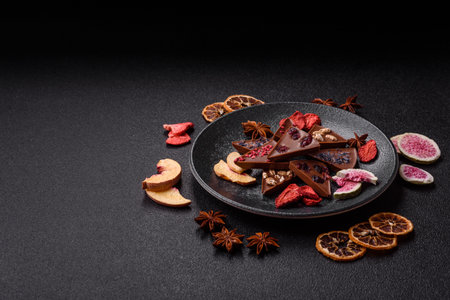 Craft home made chocolate with berries and fruits, delicious sweets. Craft chocolate as food backgroundの写真素材