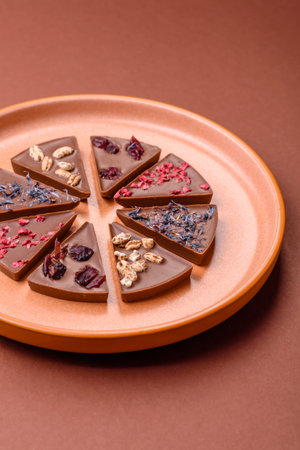 Craft home made chocolate with berries and fruits, delicious sweets. Craft chocolate as food backgroundの写真素材