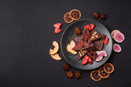 Craft home made chocolate with berries and fruits, delicious sweets. Craft chocolate as food backgroundの写真素材