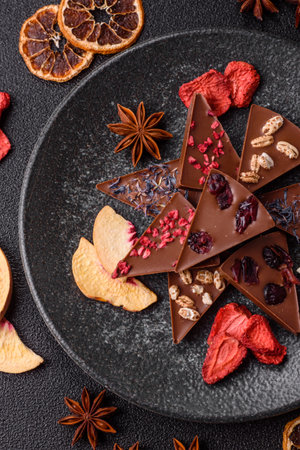 Craft home made chocolate with berries and fruits, delicious sweets. Craft chocolate as food backgroundの写真素材