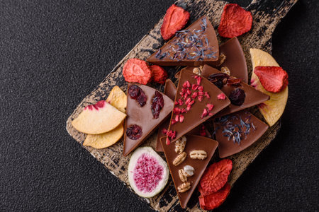 Craft home made chocolate with berries and fruits, delicious sweets. Craft chocolate as food...