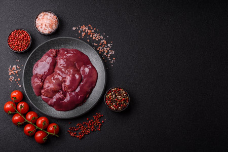 Raw fresh chicken or turkey liver, internal offal of poultry as an ingredient for cooking. Raw chicken liver as a food backgroundの写真素材