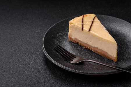 A piece of sweet cheesecake, dessert, cheese and vanilla pie. Classic cheesecake as a food background for your designの写真素材