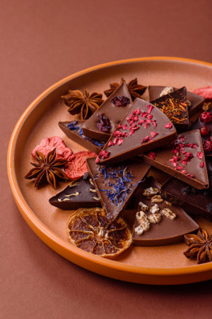 Craft home made chocolate with berries and fruits, delicious sweets. Craft chocolate as food...