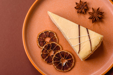A piece of sweet cheesecake, dessert, cheese and vanilla pie. Classic cheesecake as a food background for your designの写真素材