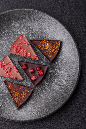 Craft home made chocolate with berries and fruits, delicious sweets. Craft chocolate as food backgroundの写真素材