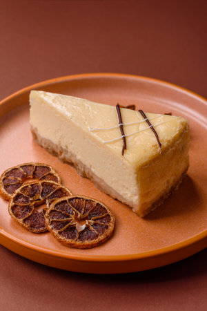 A piece of sweet cheesecake, dessert, cheese and vanilla pie. Classic cheesecake as a food background for your designの写真素材