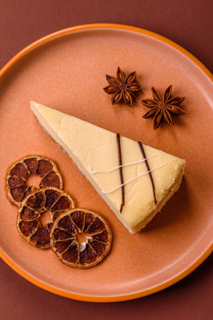 A piece of sweet cheesecake, dessert, cheese and vanilla pie. Classic cheesecake as a food background for your designの写真素材