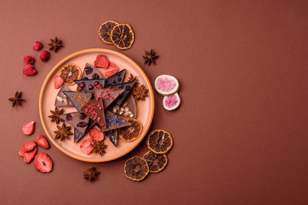 Craft home made chocolate with berries and fruits, delicious sweets. Craft chocolate as food backgroundの写真素材