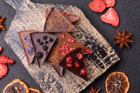 Craft home made chocolate with berries and fruits, delicious sweets. Craft chocolate as food...
