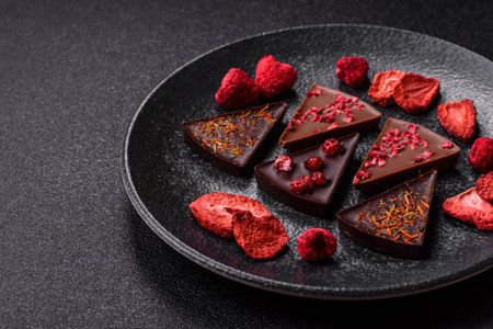 Craft home made chocolate with berries and fruits, delicious sweets. Craft chocolate as food...