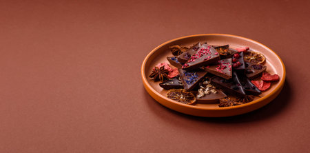 Craft home made chocolate with berries and fruits, delicious sweets. Craft chocolate as food...