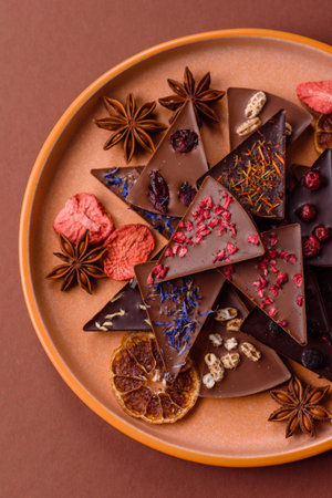 Craft home made chocolate with berries and fruits, delicious sweets. Craft chocolate as food...