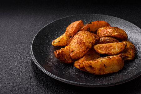 Potato wedges baked with spices, garlic and rosemary. Potato wedges as a food background for your...