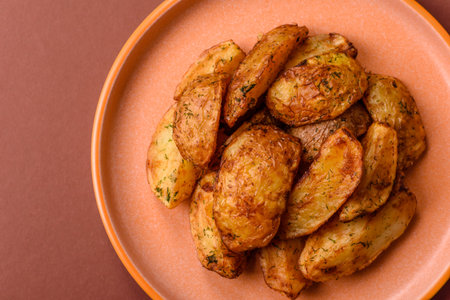 Potato wedges baked with spices, garlic and rosemary. Potato wedges as a food background for your designの写真素材