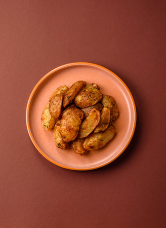 Potato wedges baked with spices, garlic and rosemary. Potato wedges as a food background for your designの写真素材