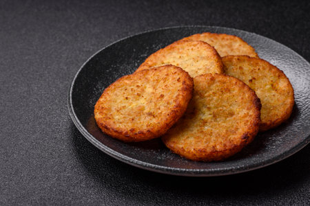 Hash browns, fried potato and onion pancakes with spices for breakfast. Fried hash browns as a food backgroundの写真素材