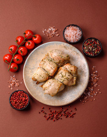 Chicken shish pieces on a skewer with salt and spices.の写真素材