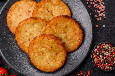 Hash browns, fried potato and onion pancakes with spices for breakfast. Fried hash browns as a food...
