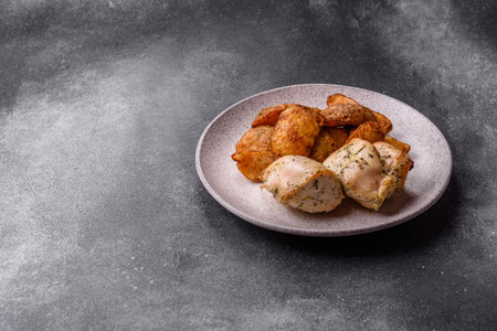 Potato wedges baked with spices, garlic and rosemary. Potato wedges as a food background for your designの写真素材