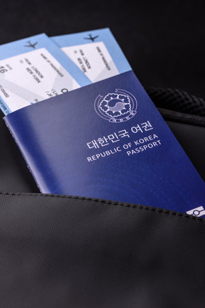 Passport South Korea, Travel Visa, Ticket Document in Travel Bag. Korean Passport as Background for Your Designの写真素材