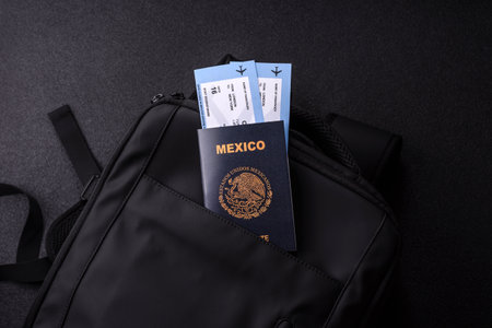 Passport Mexico, visa for travel, document with tickets in travel bag. Mexican passport as background for your designの写真素材