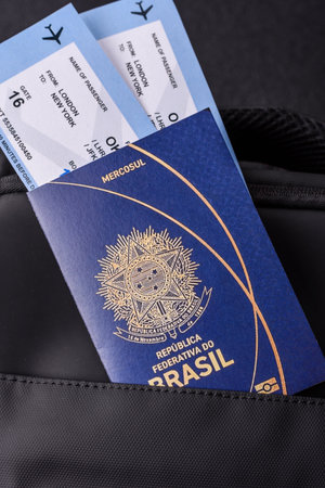 Brazil passport, visa for travel, document with tickets in travel bag. Brazilian passport as background for your designの写真素材