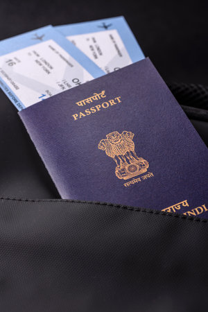 Passport India, visa for travel, document with tickets in travel bag. Indian passport as background...