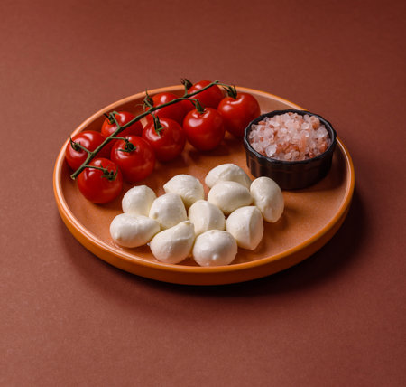 Mozzarella cheese balls, fresh white mini slices as an ingredient for Mediterranean food. Mozzarella...