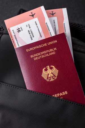 Passport Germany, visa for travel, document with tickets in travel bag. German passport as...
