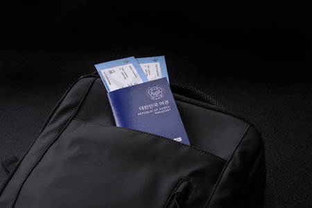 Passport South Korea, Travel Visa, Ticket Document in Travel Bag. Korean Passport as Background for Your Designの写真素材