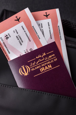 Iran passport, visa for travel, document with tickets in travel bag. Iranian passport as background for your designの写真素材