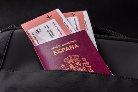 Passport Spain, visa for travel, document with tickets in travel bag. Spanish passport as background for your designの写真素材