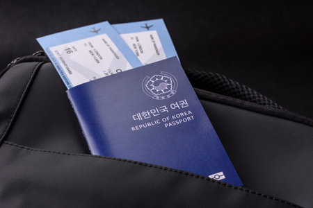 Passport South Korea, Travel Visa, Ticket Document in Travel Bag. Korean Passport as Background for Your Designの写真素材