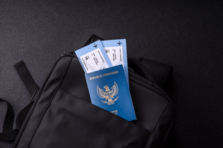 Indonesia passport, visa for travel, document with tickets in travel bag. Indonesian passport as background for your designの写真素材