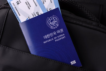 Passport South Korea, Travel Visa, Ticket Document in Travel Bag. Korean Passport as Background for Your Designの写真素材