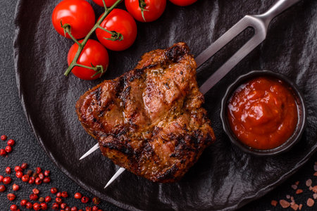 Pork breast steak, grilled fillet, healthy food, lunch. Pork steak as food background for your designの写真素材