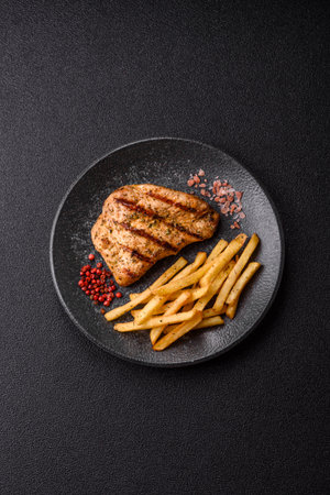 Chicken breast steak, grilled poultry fillet, healthy food, lunch. Chicken steak as food background for your designの写真素材