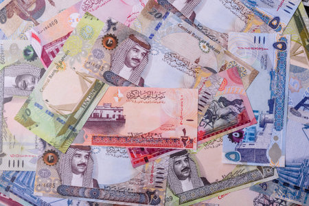 Bahrain paper money, dinar banknotes as currency for exchange or travel. Bahraini money as a business backgroundの写真素材