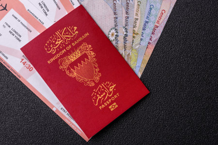 Bahraini passport for traveling, flying and doing business. Bahrain document, id for crossing the borderの写真素材