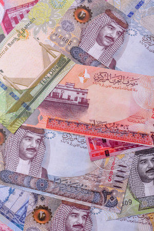 Bahrain paper money, dinar banknotes as currency for exchange or travel. Bahraini money as a...