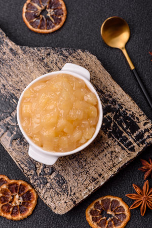 Apple sweet sauce, baby food, canned ingredient for desserts. Apple sauce as food background for your designの写真素材