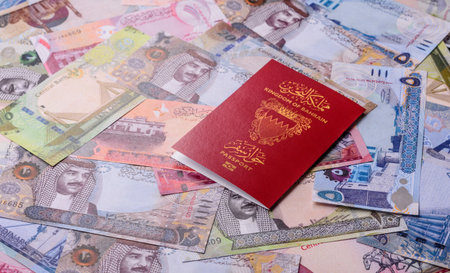 Bahraini passport for traveling, flying and doing business. Bahrain document, id for crossing the borderの写真素材