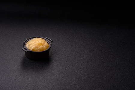 Apple sweet sauce, baby food, canned ingredient for desserts. Apple sauce as food background for your designの写真素材