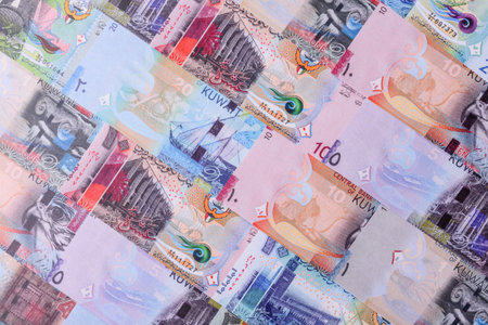 Kuwait paper money, dinar banknotes as currency for exchange or travel. Kuwaiti money as a business backgroundの写真素材