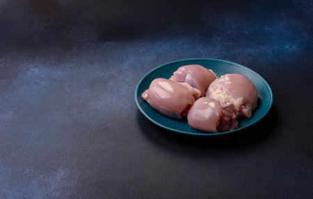 Chicken or turkey raw thigh fillet, skinless and boneless poultry meat. Chicken thigh fillet as food background for your designの写真素材
