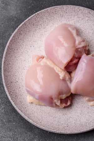 Chicken or turkey raw thigh fillet, skinless and boneless poultry meat. Chicken thigh fillet as food background for your designの写真素材