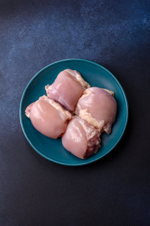 Chicken or turkey raw thigh fillet, skinless and boneless poultry meat. Chicken thigh fillet as food background for your designの写真素材