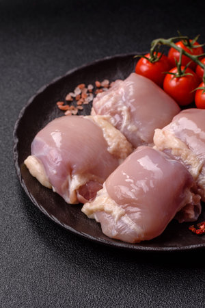 Chicken or turkey raw thigh fillet, skinless and boneless poultry meat. Chicken thigh fillet as food background for your designの写真素材