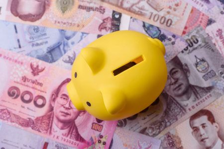 Thailand paper money, dinar banknotes as currency for exchange or travel. Thai money as a business backgroundの写真素材